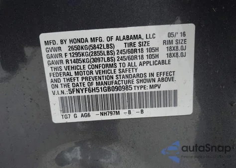 2016 Honda Pilot Ex-L from USA, damaged, VIN 5FNYF6H51GB090985